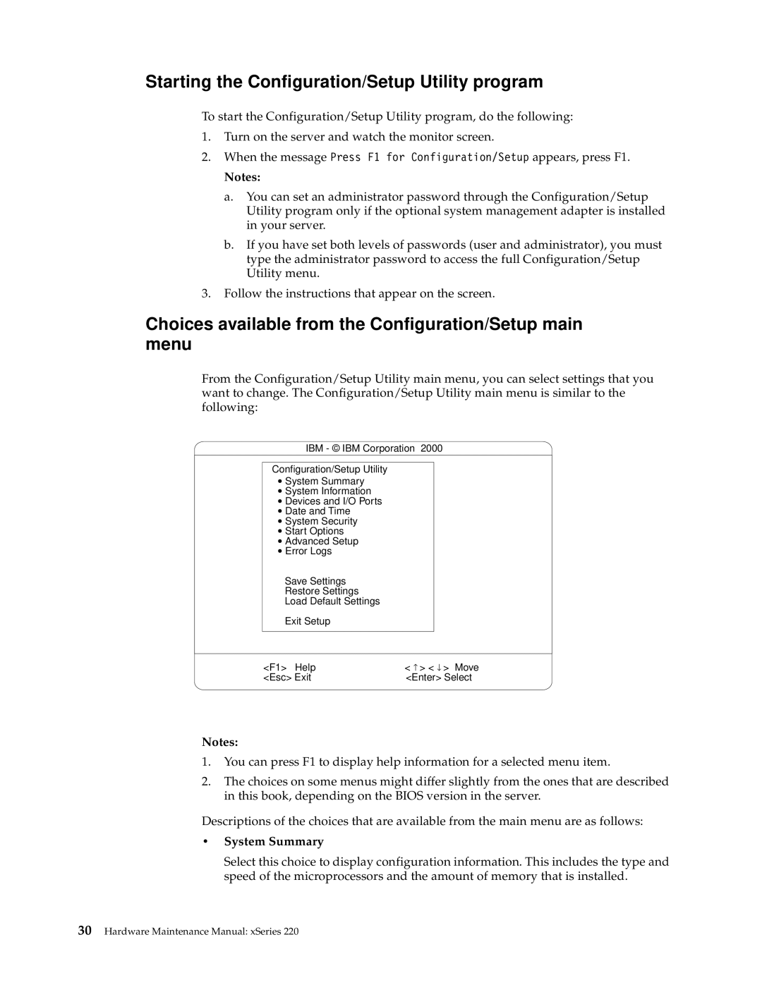 IBM XSERIES 220 Starting the Configuration/Setup Utility program, Choices available from the Configuration/Setup main menu 