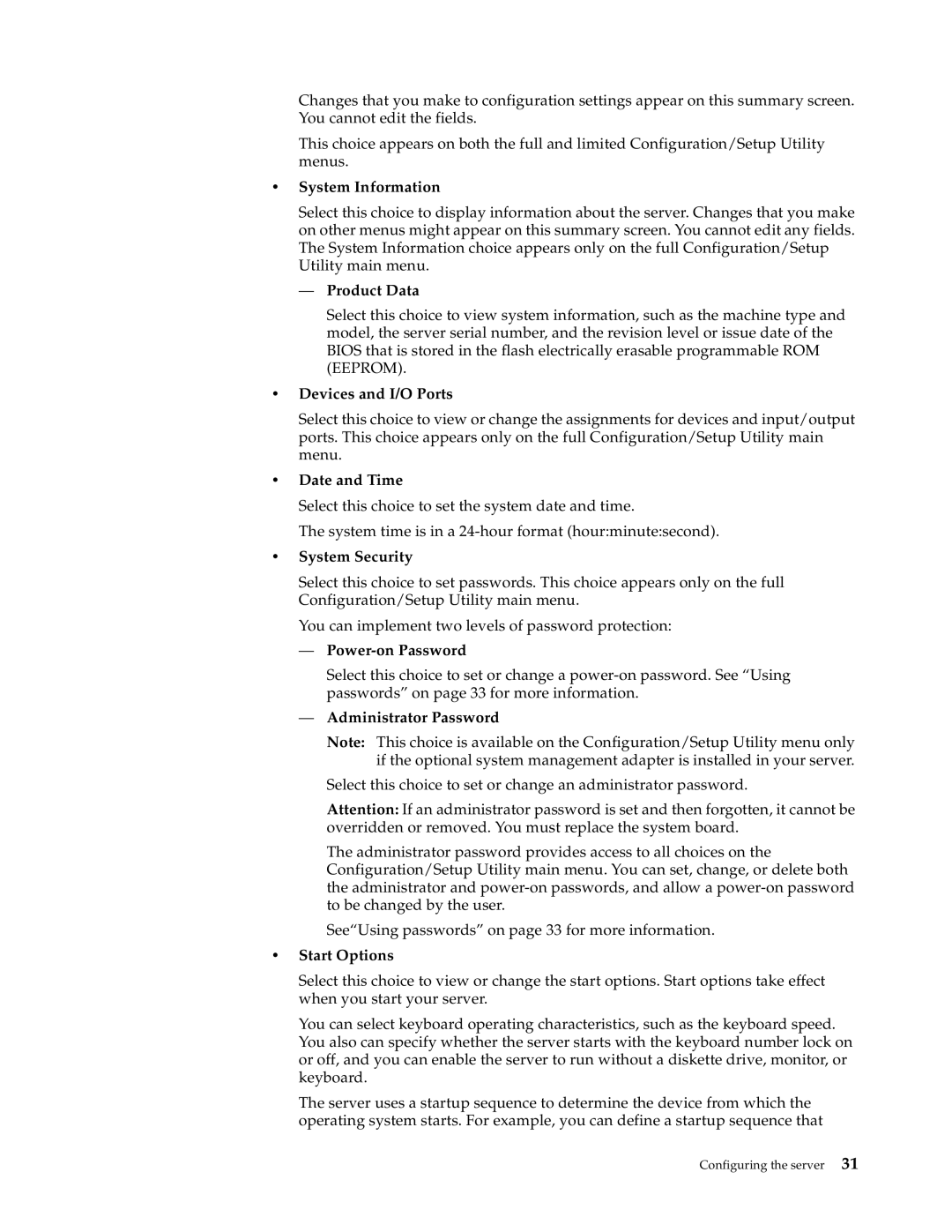 IBM XSERIES 220 System Information, Product Data, Devices and I/O Ports, Date and Time, System Security, Power-on Password 