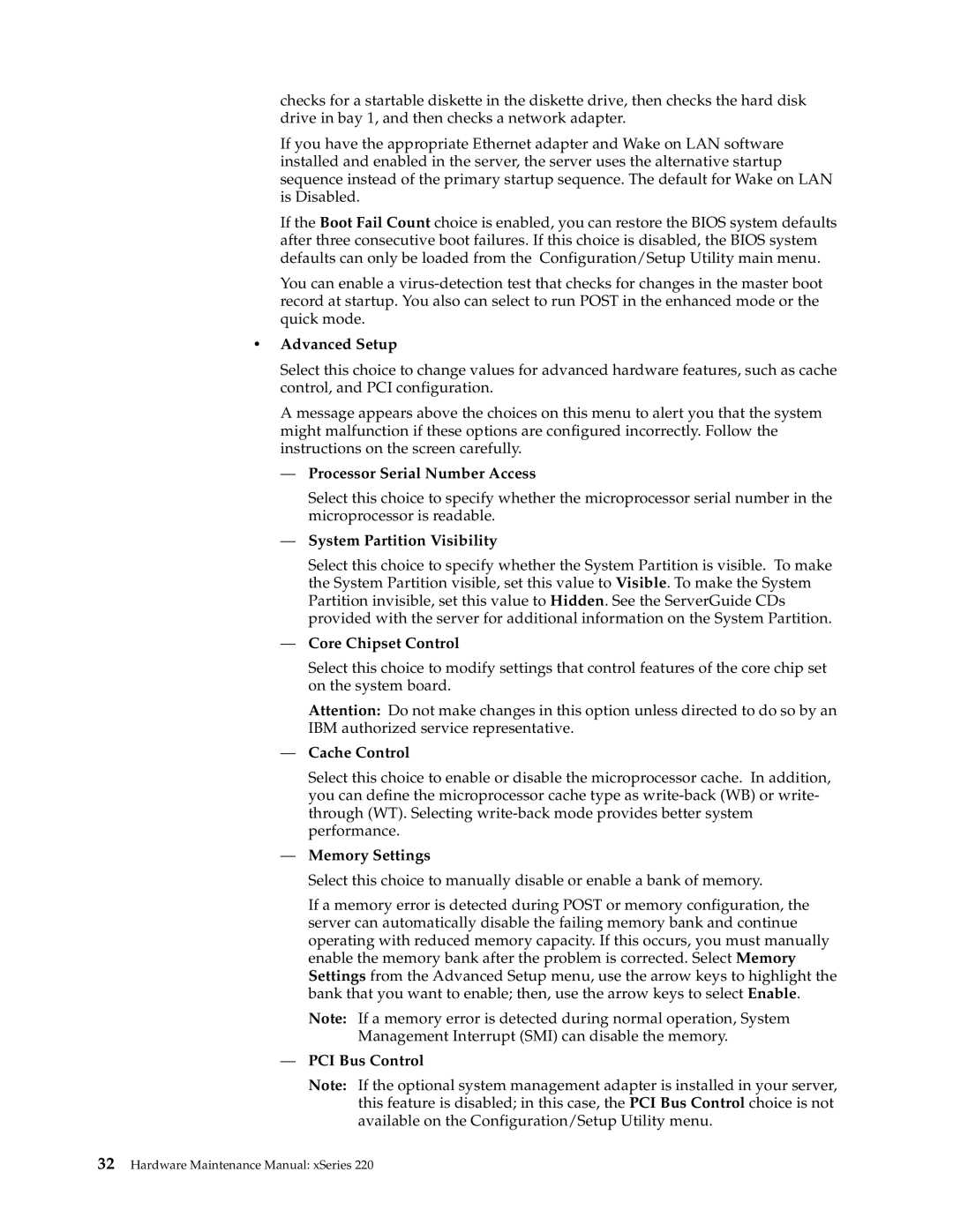 IBM XSERIES 220 manual Advanced Setup, Processor Serial Number Access, System Partition Visibility, Core Chipset Control 