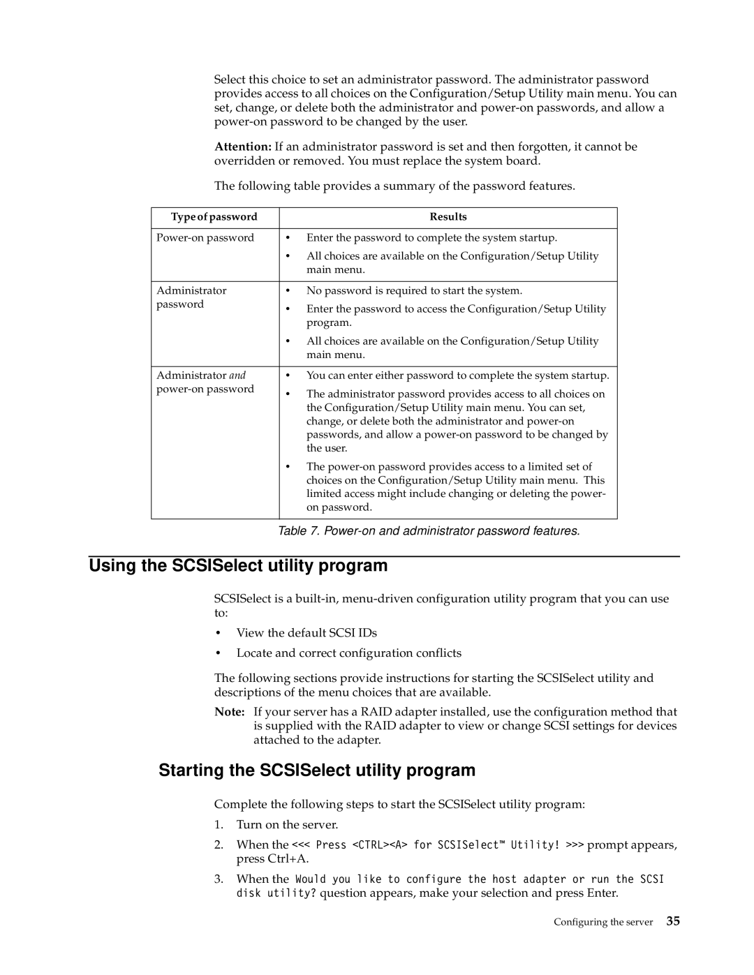 IBM XSERIES 220 Using the SCSISelect utility program, Starting the SCSISelect utility program, Type of password Results 