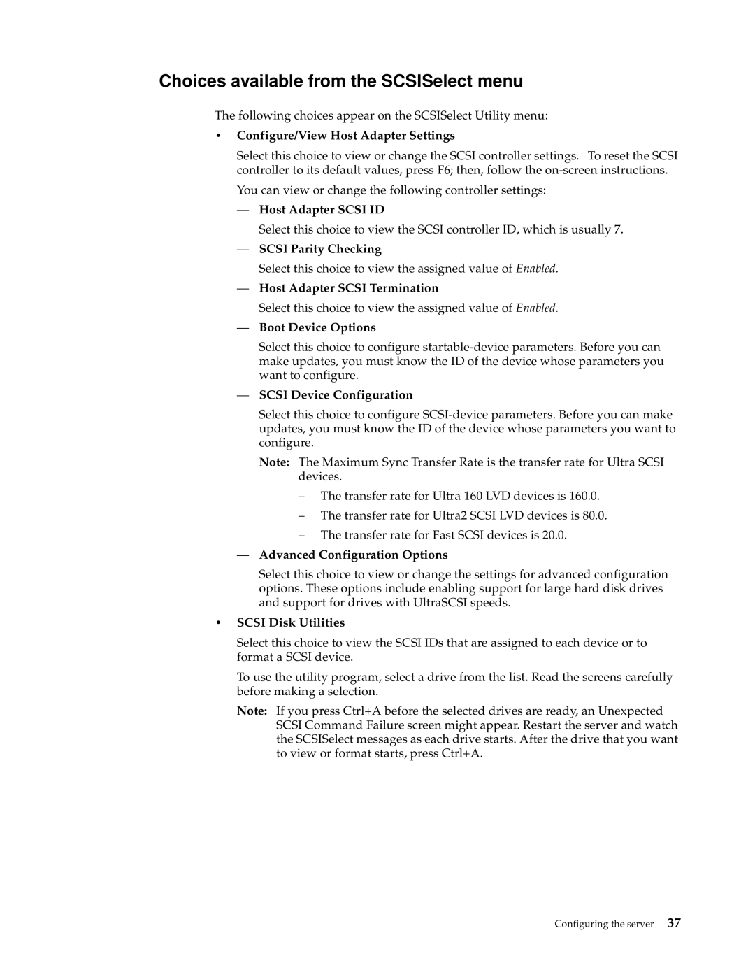 IBM XSERIES 220 manual Choices available from the SCSISelect menu 