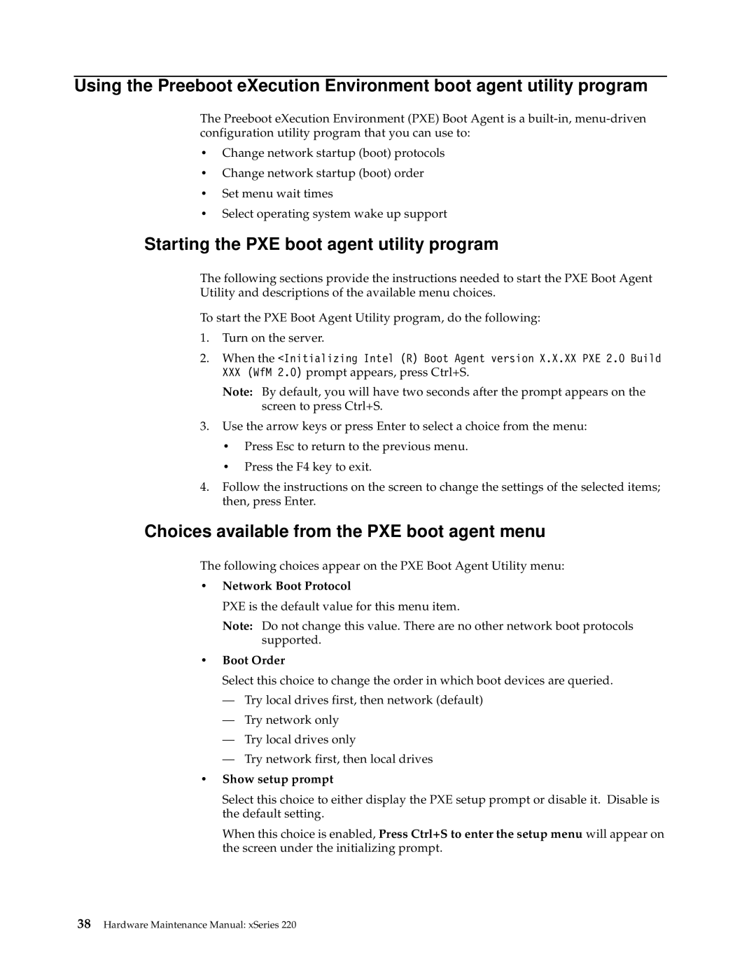 IBM XSERIES 220 Starting the PXE boot agent utility program, Choices available from the PXE boot agent menu, Boot Order 