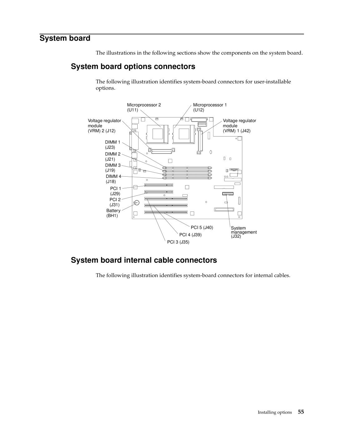 IBM XSERIES 220 manual System board options connectors, System board internal cable connectors 