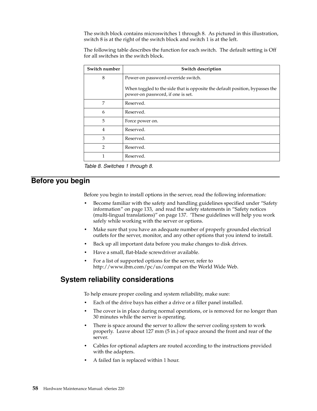 IBM XSERIES 220 manual Before you begin, System reliability considerations, Switch number Switch description 