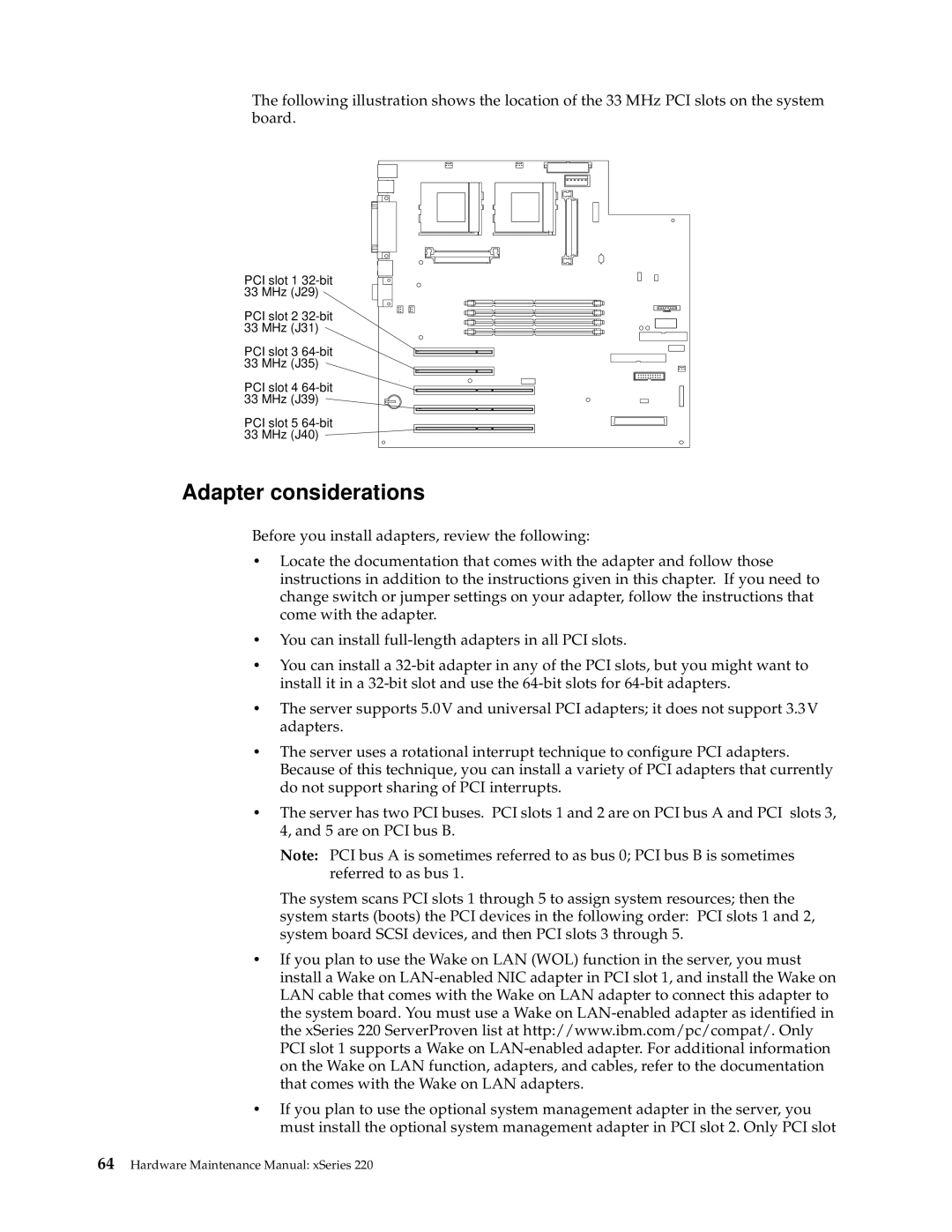 IBM XSERIES 220 manual Adapter considerations 