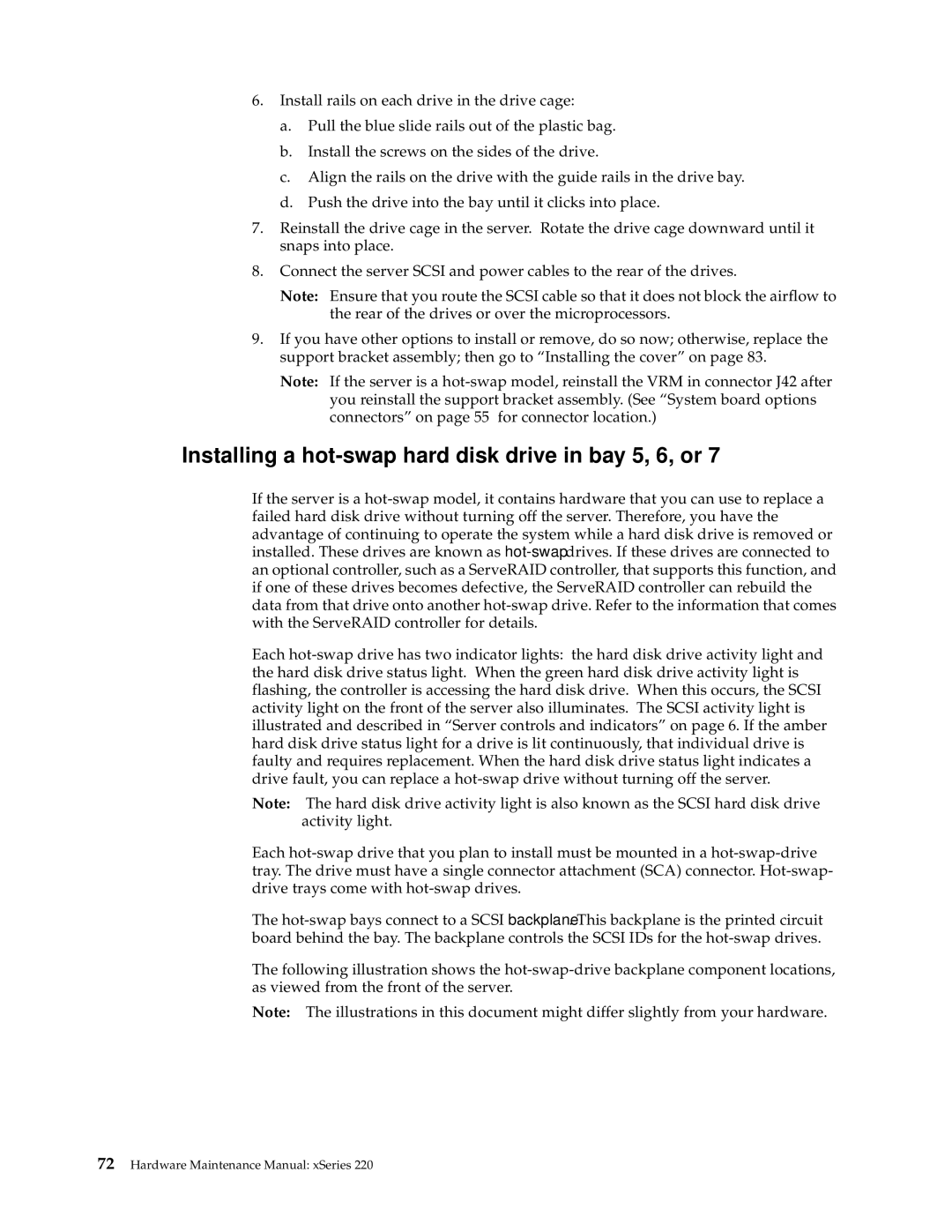 IBM XSERIES 220 manual Installing a hot-swap hard disk drive in bay 5, 6, or 