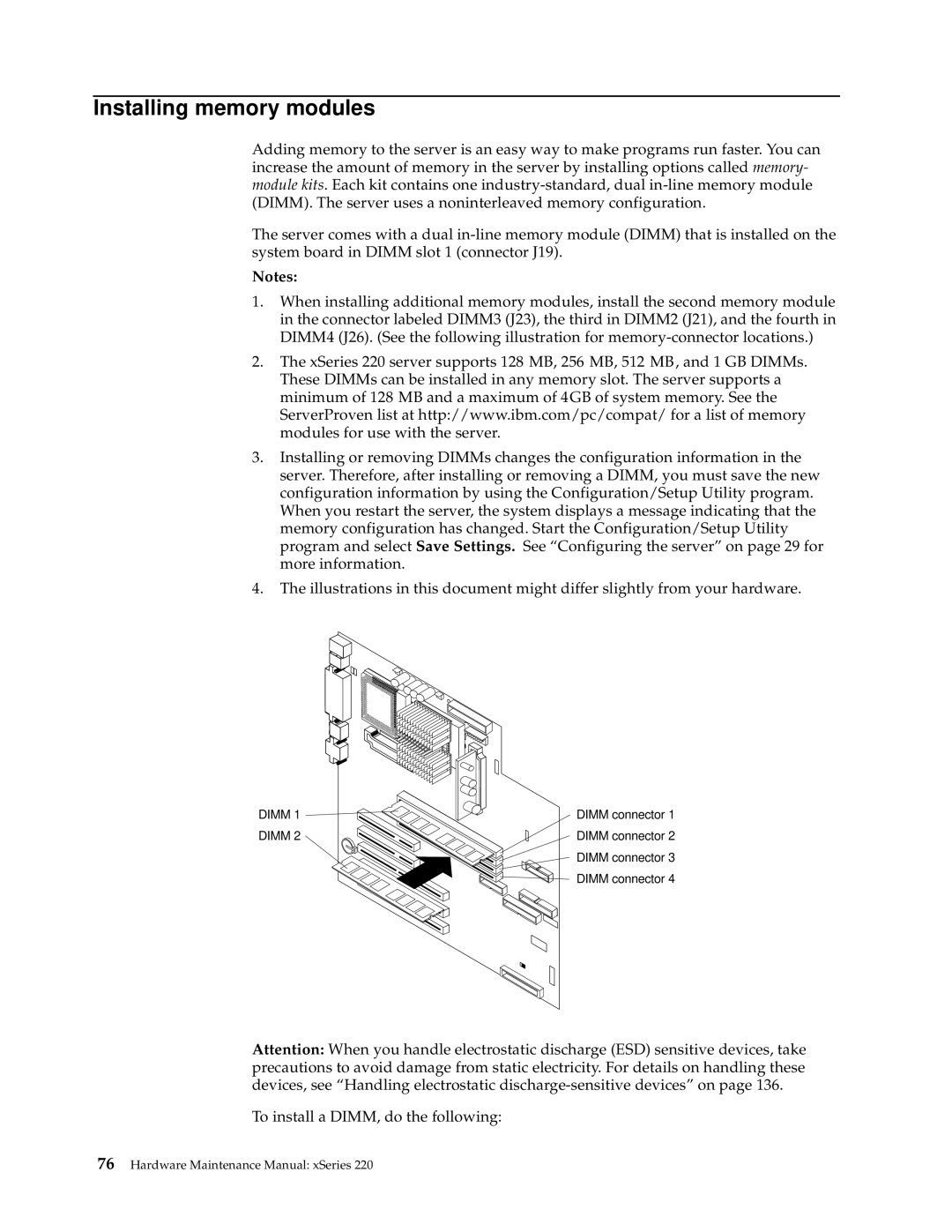 IBM XSERIES 220 manual Installing memory modules 