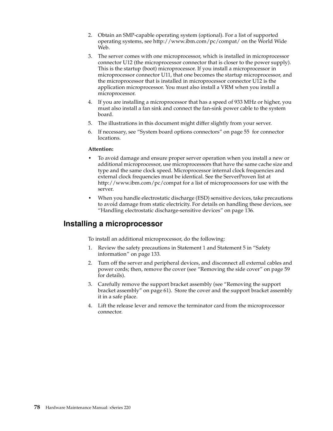 IBM XSERIES 220 manual Installing a microprocessor 