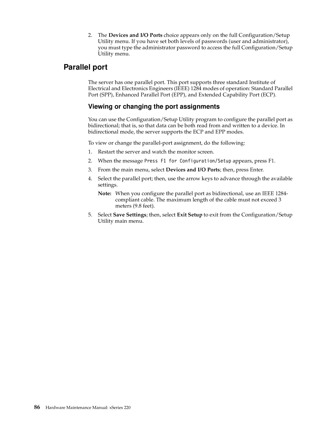 IBM XSERIES 220 manual Parallel port, Viewing or changing the port assignments 