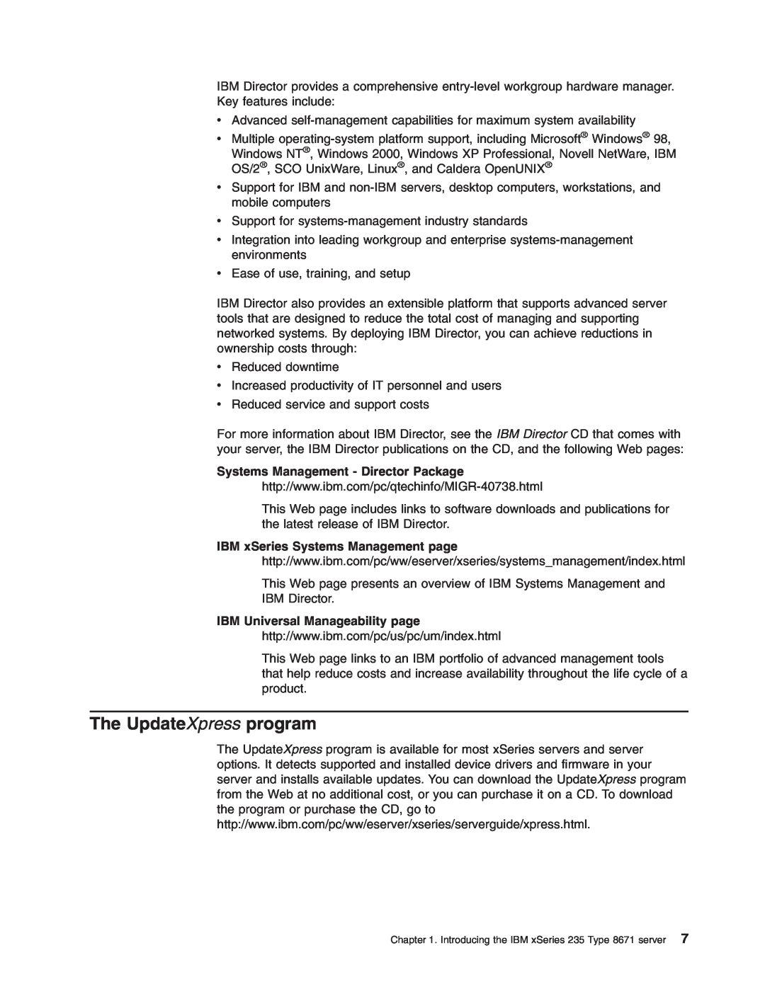 IBM xSeries 235 manual The UpdateXpress program, Systems Management - Director Package, IBM Universal Manageability page 