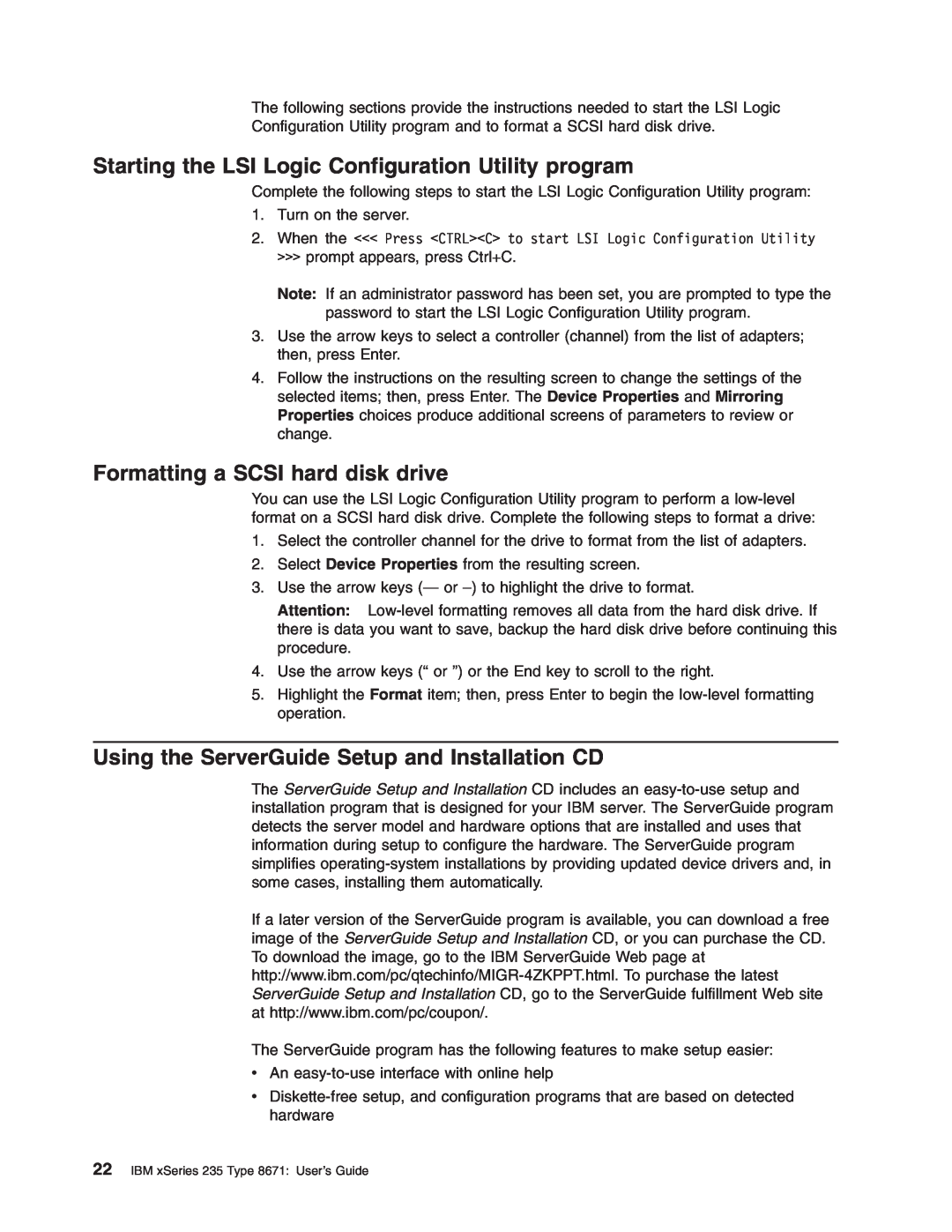 IBM xSeries 235 manual Starting the LSI Logic Configuration Utility program, Formatting a SCSI hard disk drive 