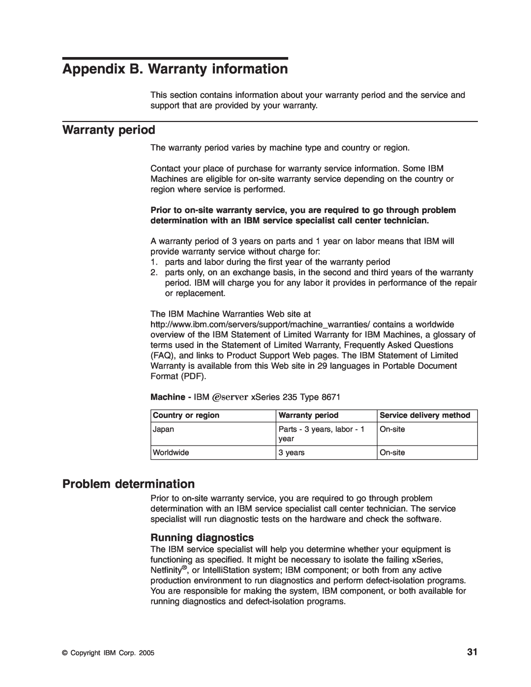 IBM xSeries 235 manual Appendix B. Warranty information, Warranty period, Problem determination, Running diagnostics 