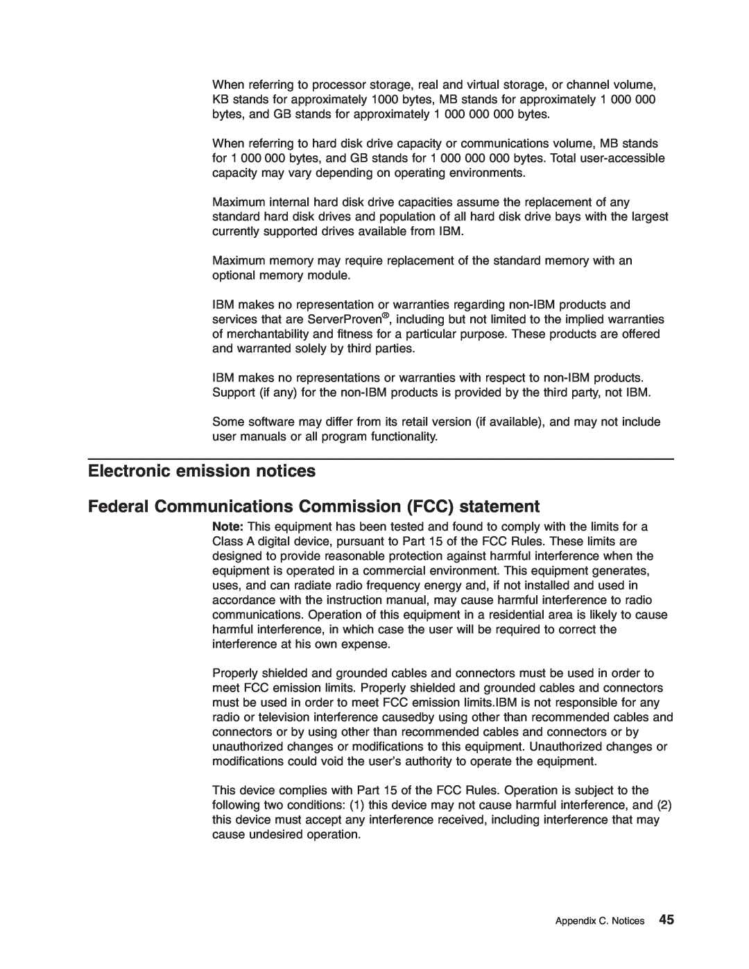 IBM xSeries 235 manual Electronic emission notices, Federal Communications Commission FCC statement, Appendix C. Notices 