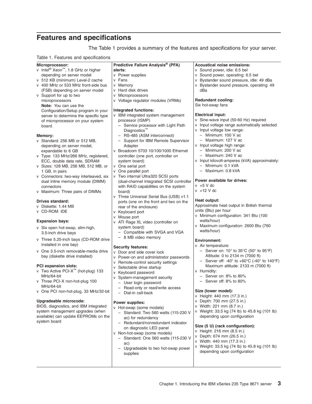 IBM xSeries 235 manual Features and specifications 