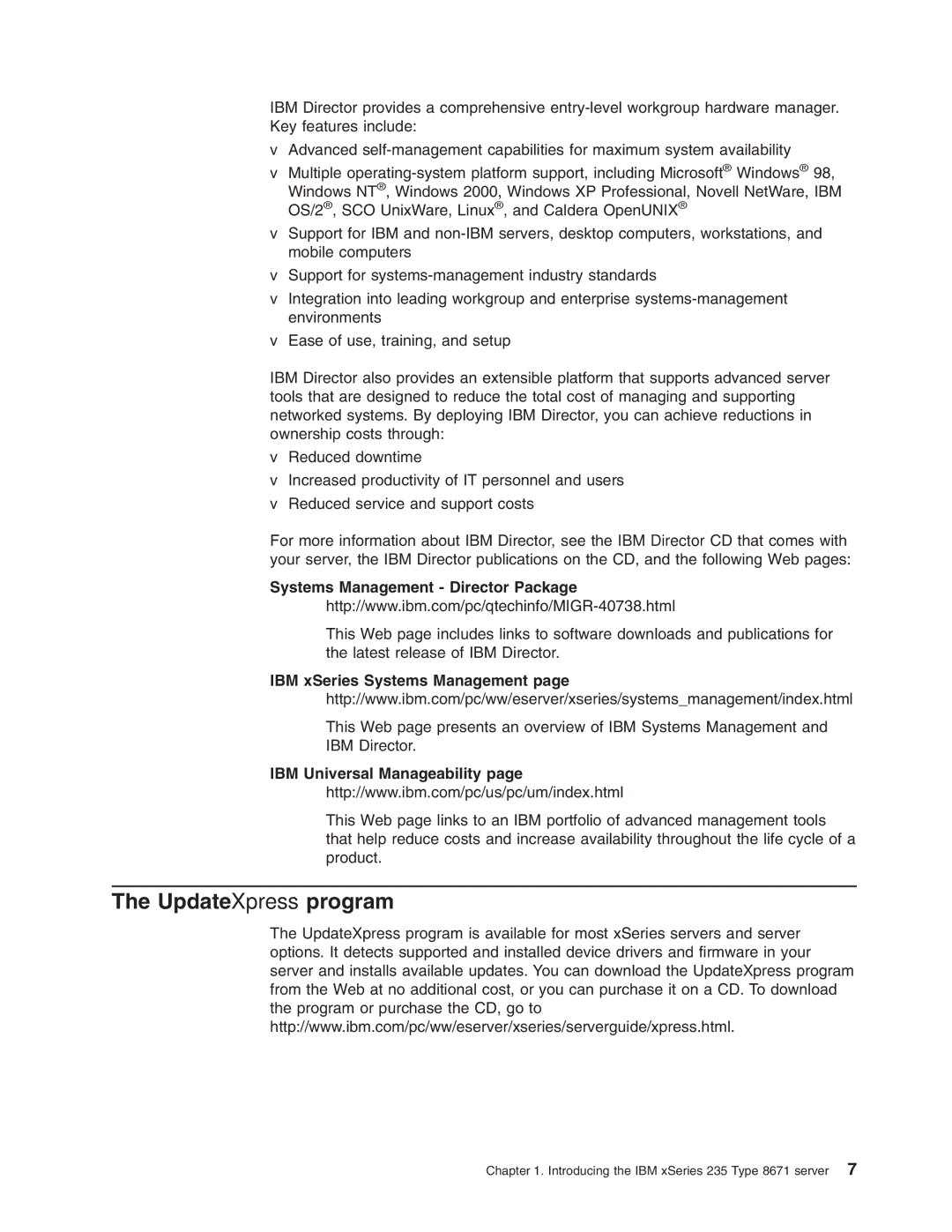 IBM xSeries 235 manual UpdateXpress program, Systems Management Director Package, IBM Universal Manageability 