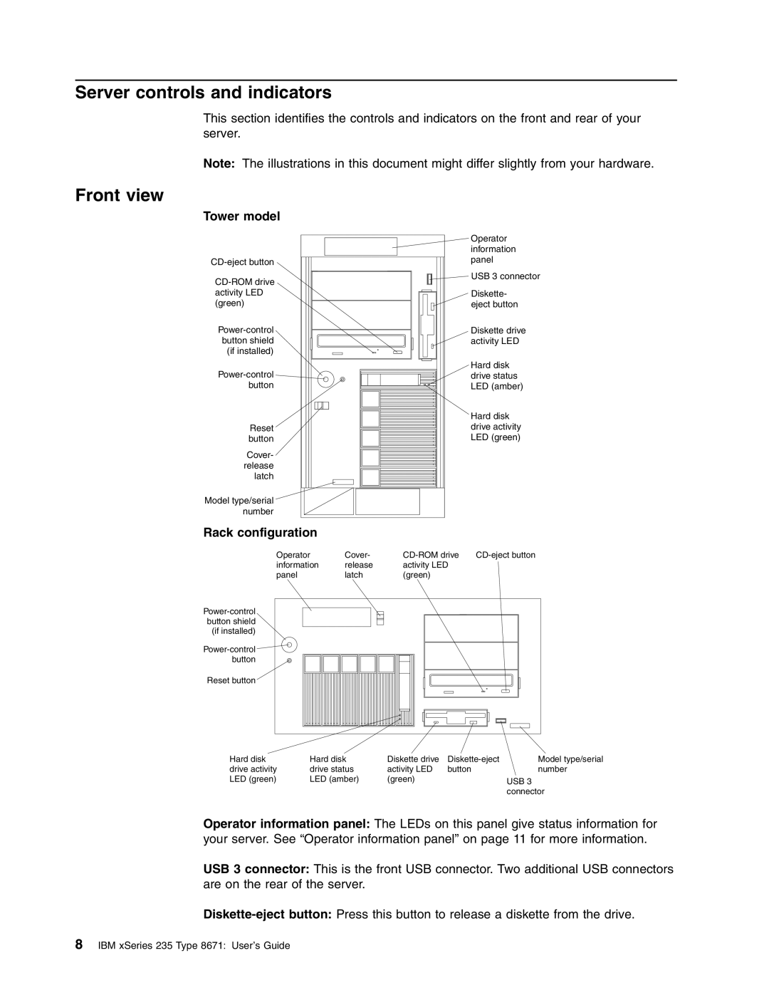 IBM xSeries 235 manual Server controls and indicators, Front view, Tower model, Rack configuration 