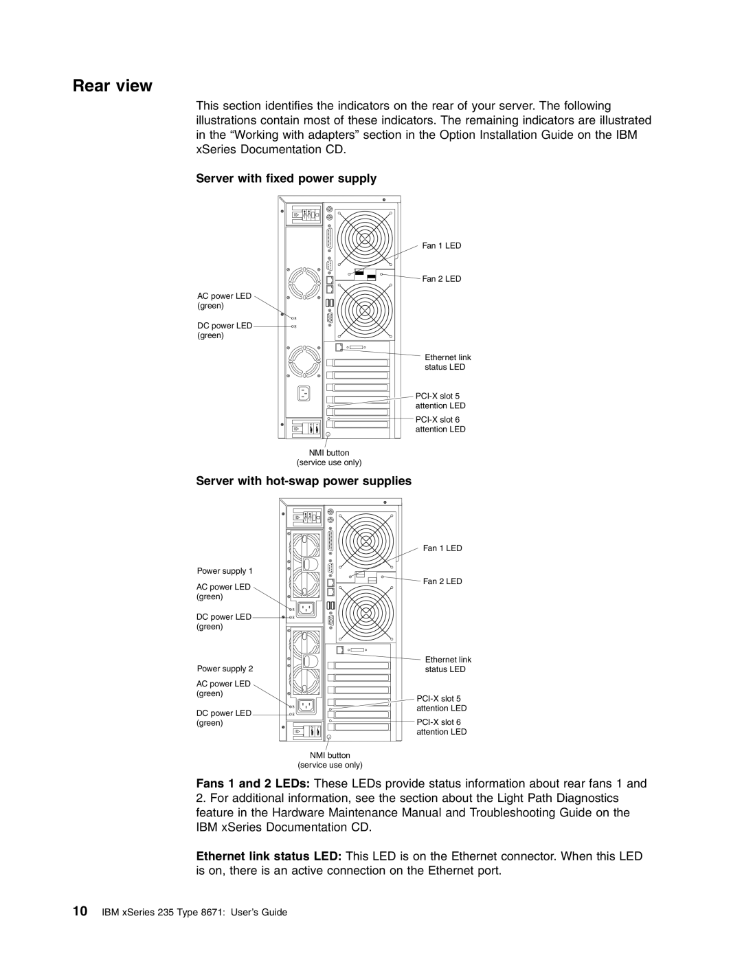 IBM xSeries 235 manual Rear view, Server with fixed power supply, Server with hot-swap power supplies 