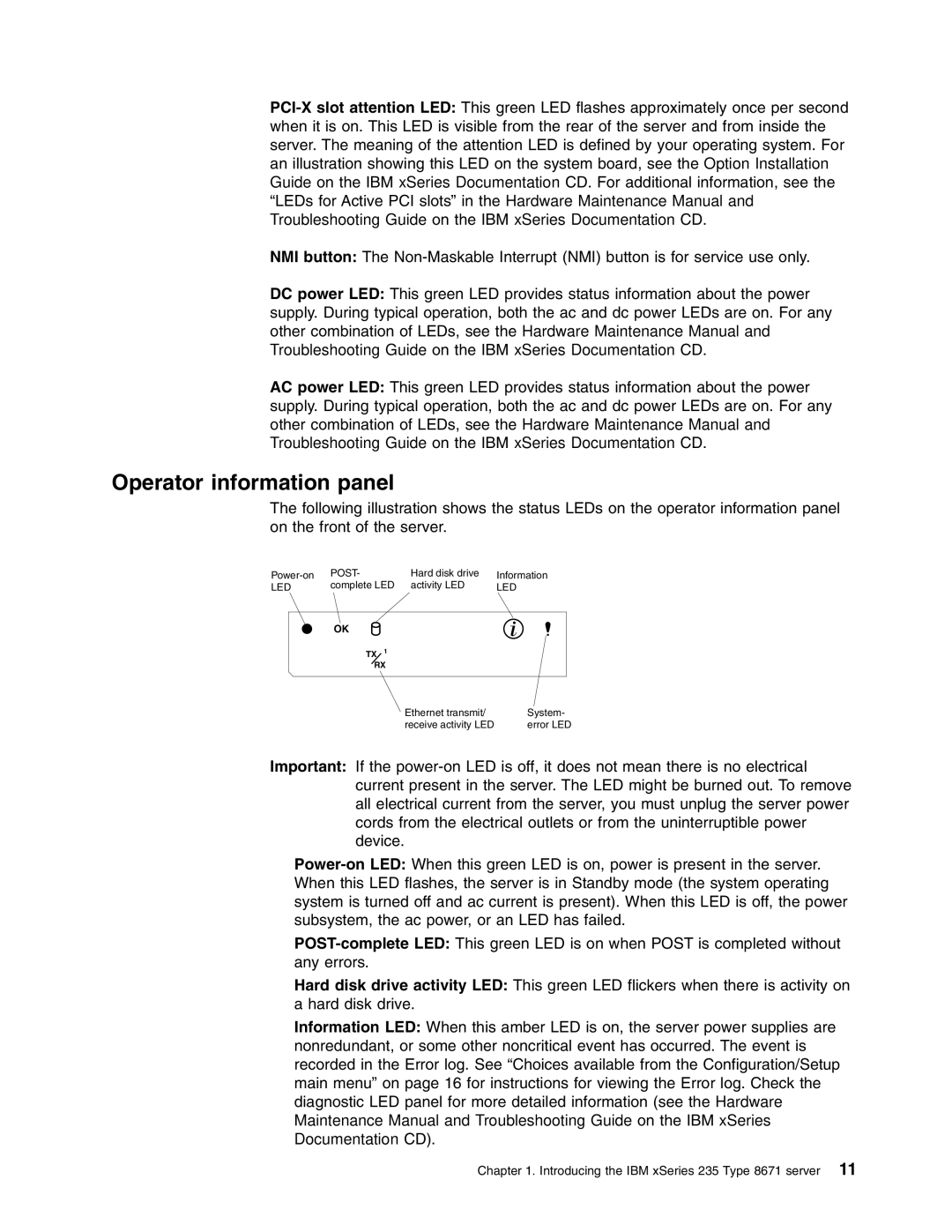 IBM xSeries 235 manual Operator information panel 