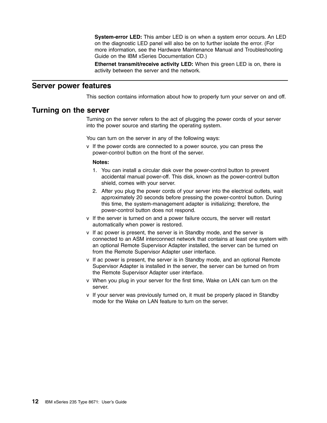 IBM xSeries 235 manual Server power features, Turning on the server 