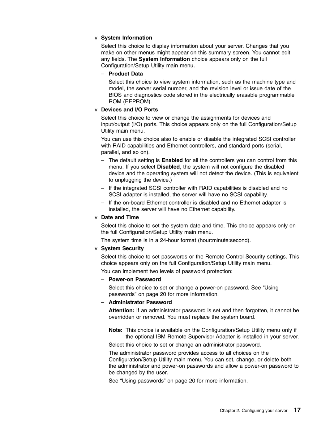 IBM xSeries 235 System Information, Product Data, Devices and I/O Ports, Date and Time, System Security, Power-on Password 