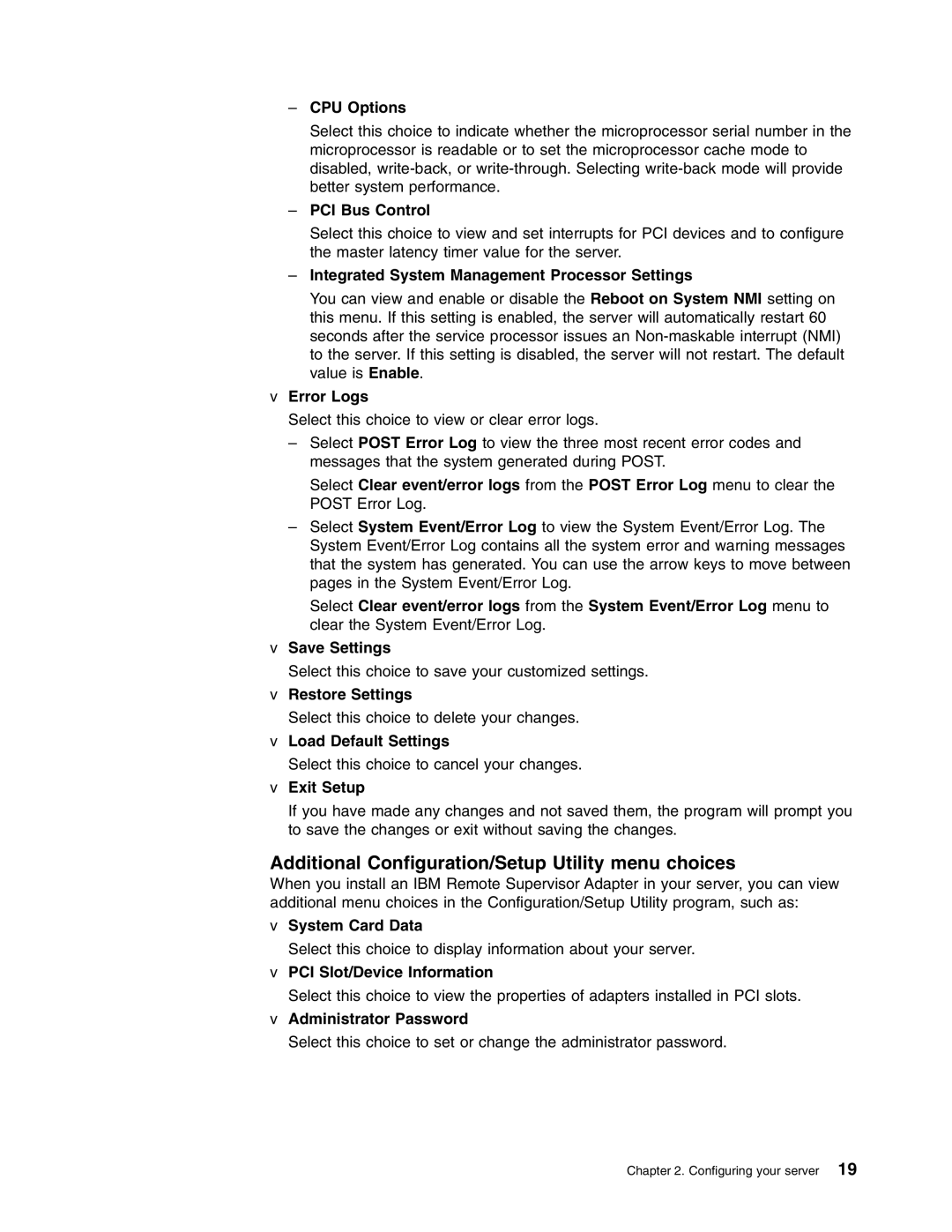 IBM xSeries 235 CPU Options, PCI Bus Control, Integrated System Management Processor Settings, Error Logs, Exit Setup 