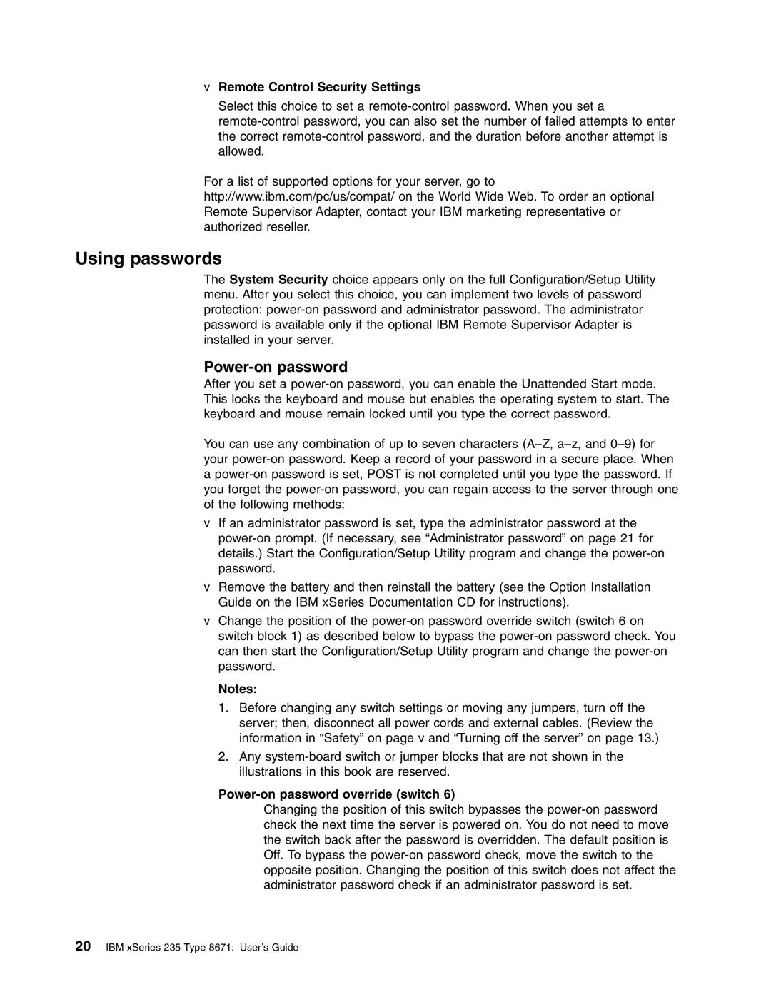 IBM xSeries 235 manual Using passwords, Remote Control Security Settings, Power-on password override switch 