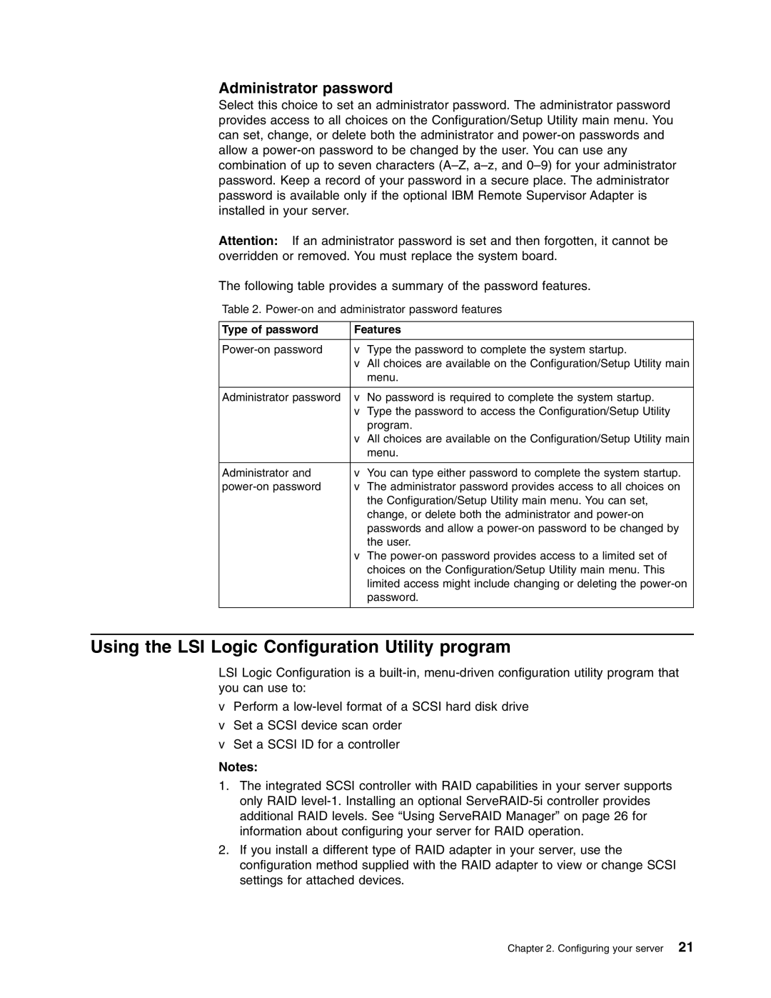 IBM xSeries 235 manual Using the LSI Logic Configuration Utility program, Administrator password 