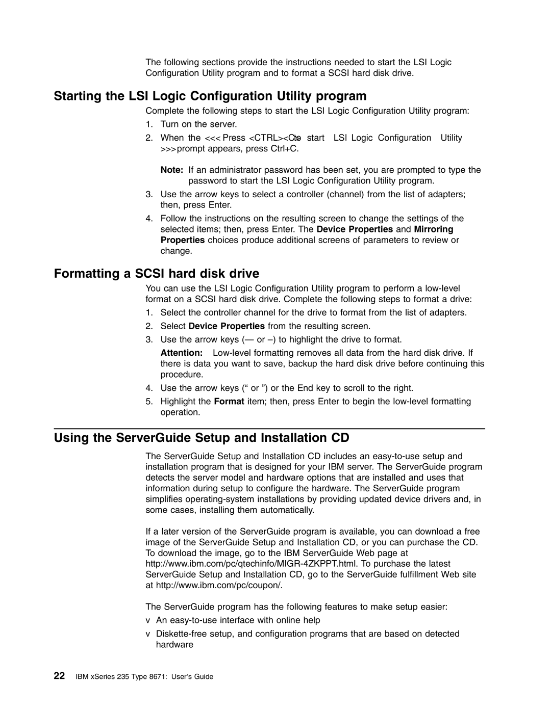 IBM xSeries 235 manual Starting the LSI Logic Configuration Utility program, Formatting a Scsi hard disk drive 