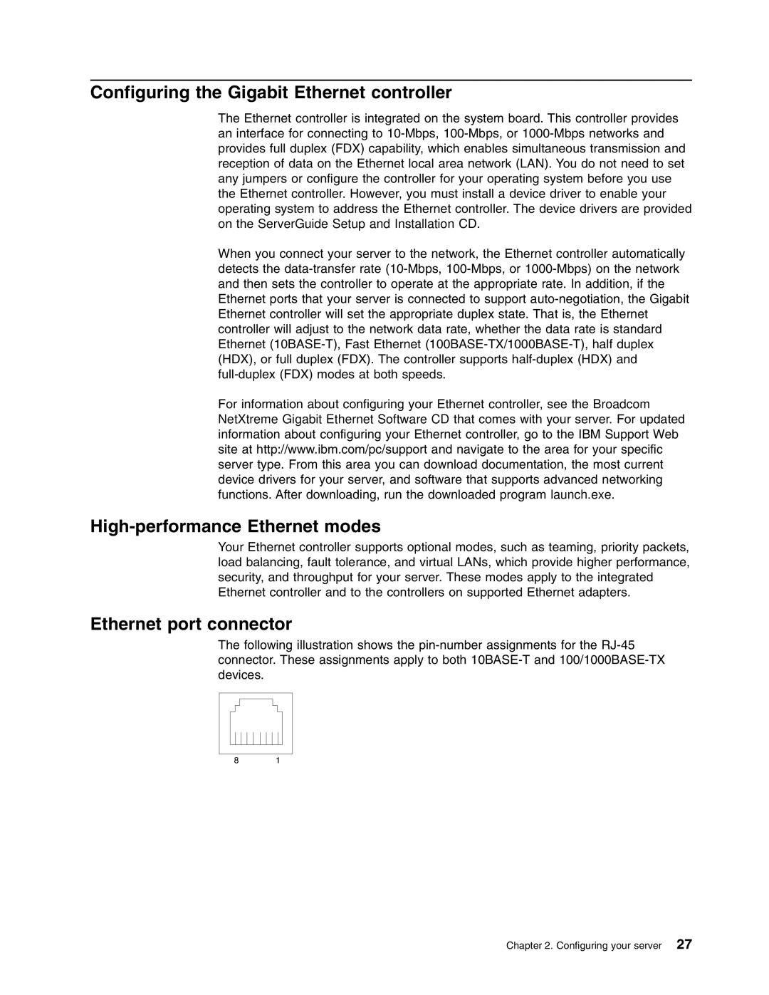 IBM xSeries 235 Configuring the Gigabit Ethernet controller, High-performance Ethernet modes, Ethernet port connector 