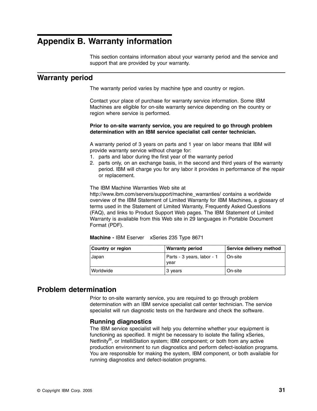 IBM xSeries 235 manual Appendix B. Warranty information, Warranty period, Problem determination 