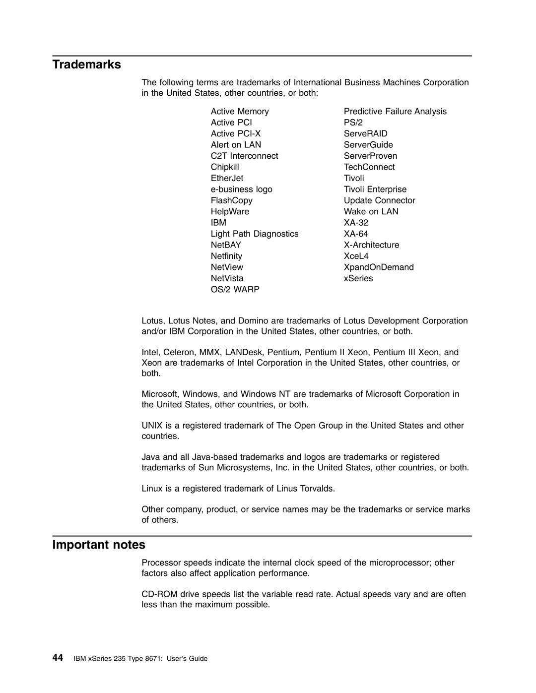 IBM xSeries 235 manual Trademarks, Important notes 