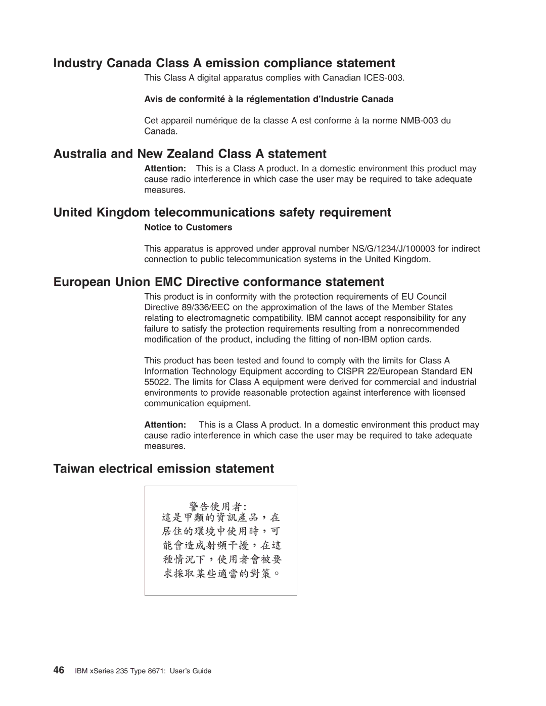 IBM xSeries 235 Industry Canada Class a emission compliance statement, European Union EMC Directive conformance statement 