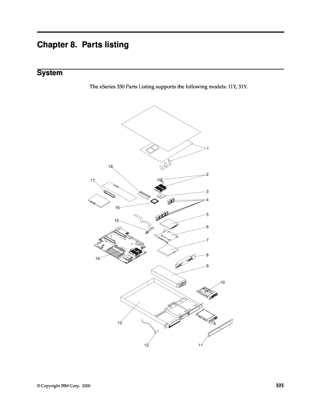 IBM xSeries 330 manual Parts listing, System, Copyright IBM Corp 