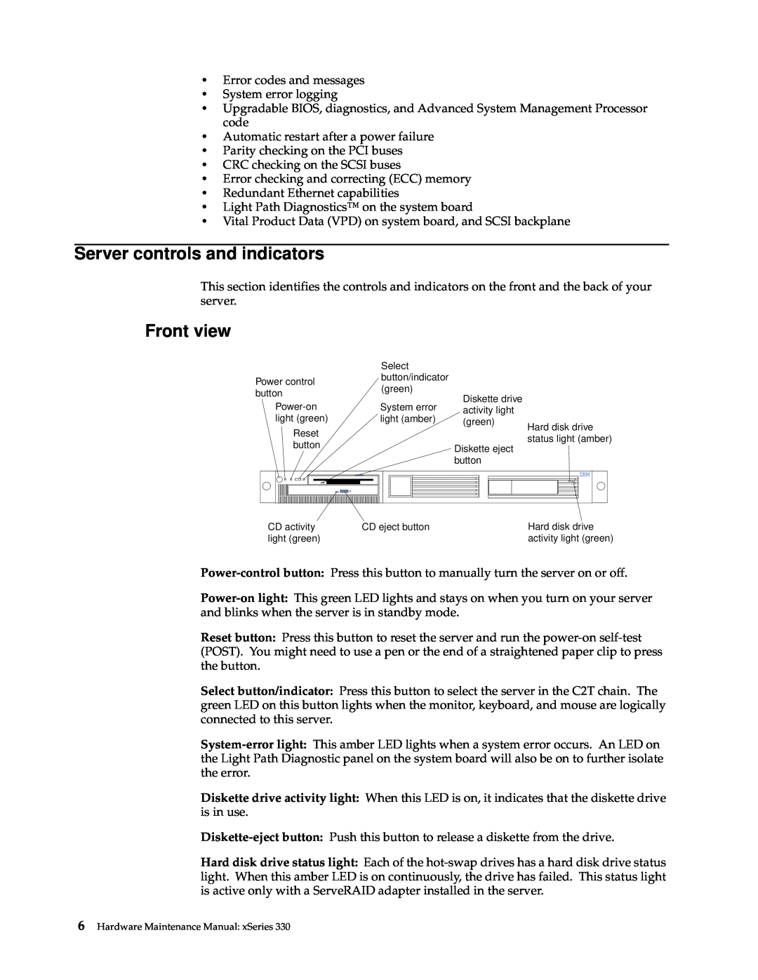 IBM xSeries 330 manual Server controls and indicators, Front view 