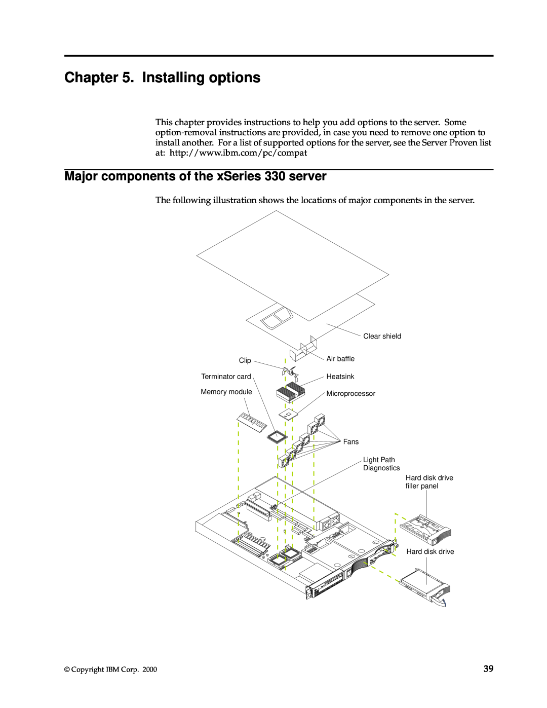 IBM manual Installing options, Major components of the xSeries 330 server 
