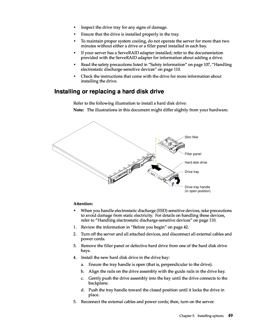 IBM xSeries 330 manual Installing or replacing a hard disk drive 