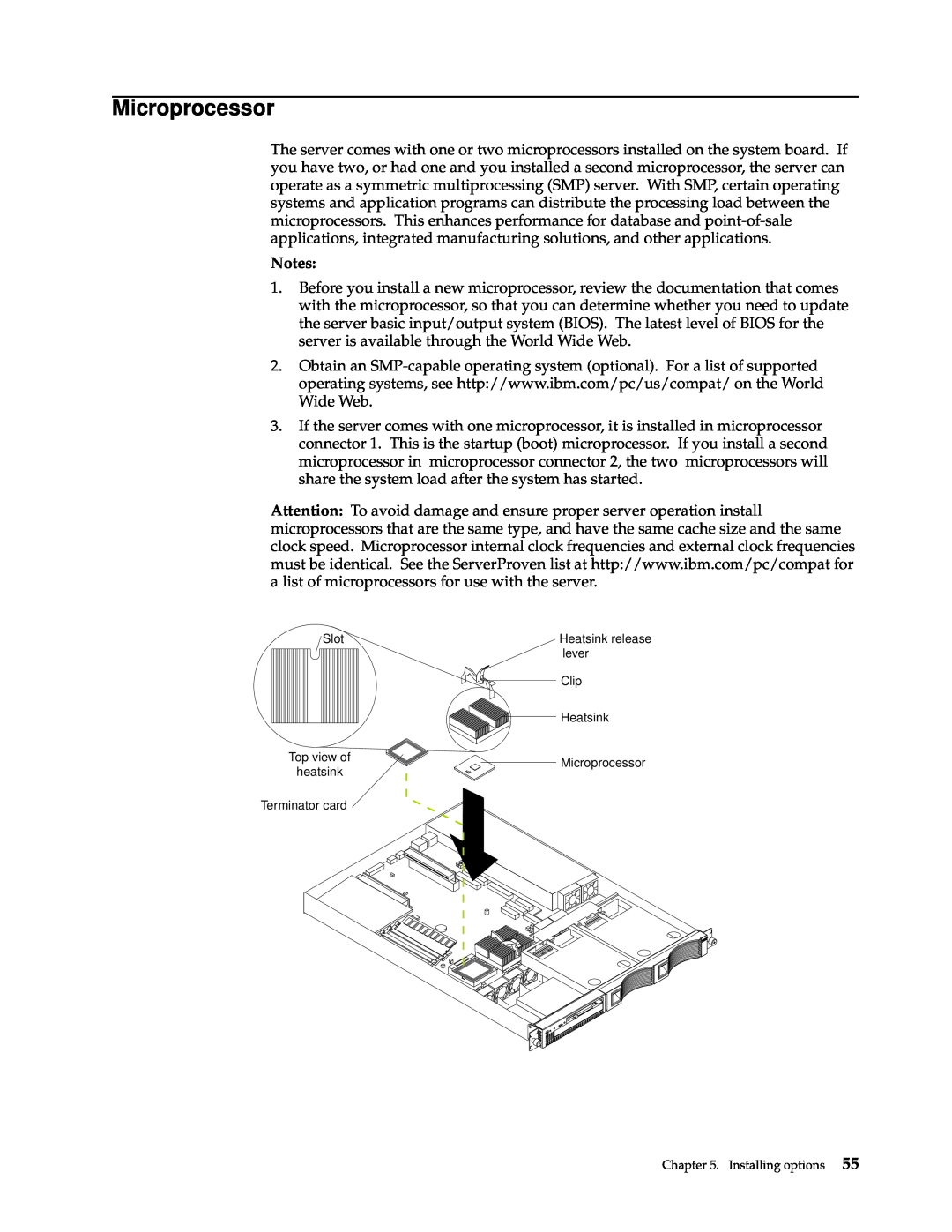 IBM xSeries 330 manual Microprocessor, Notes, Slot, Heatsink release, lever, Clip, heatsink, Terminator card 