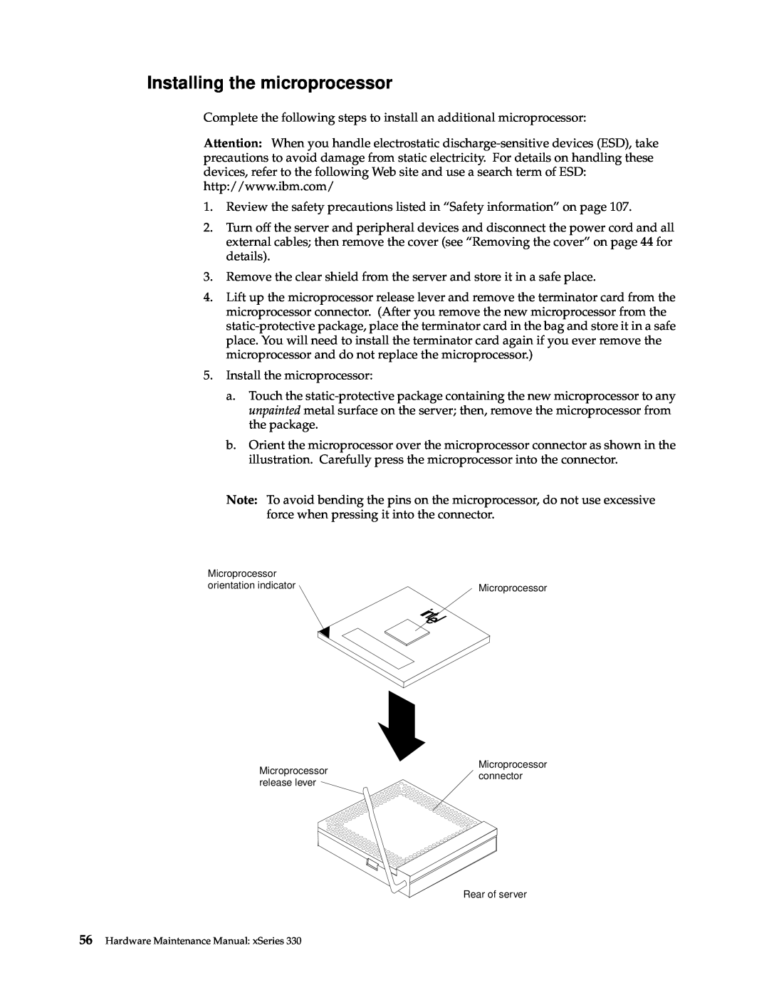IBM xSeries 330 manual Installing the microprocessor 