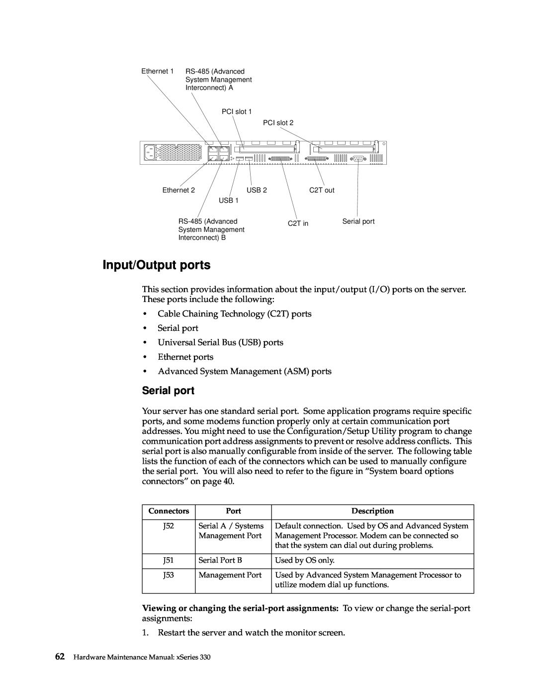 IBM xSeries 330 manual Input/Output ports, Serial port 