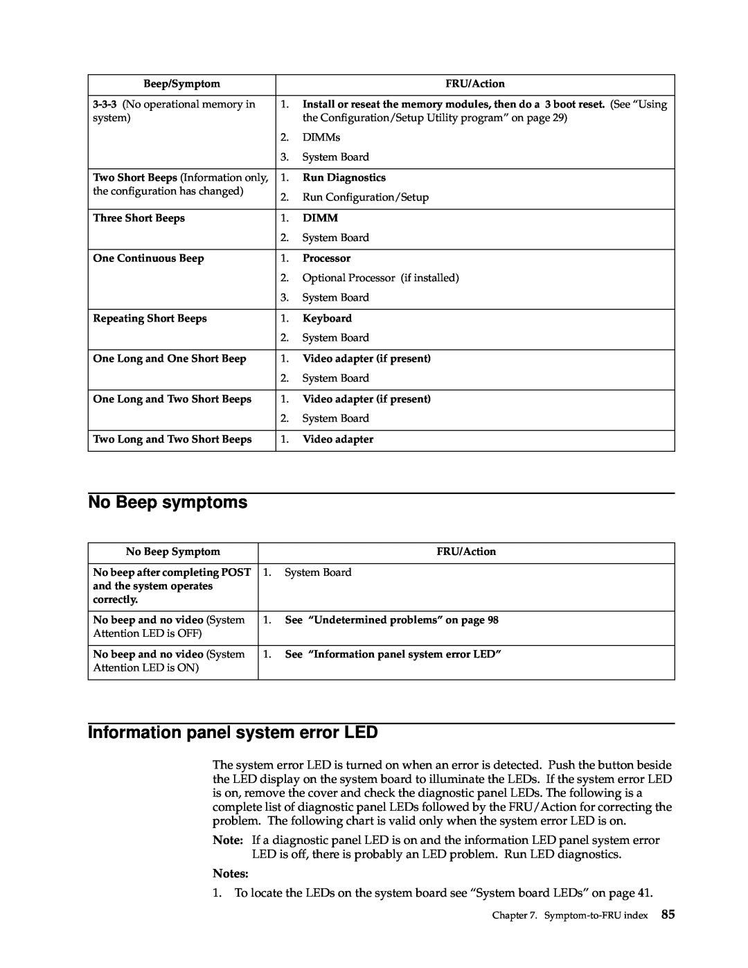 IBM xSeries 330 manual No Beep symptoms, Information panel system error LED, Notes 