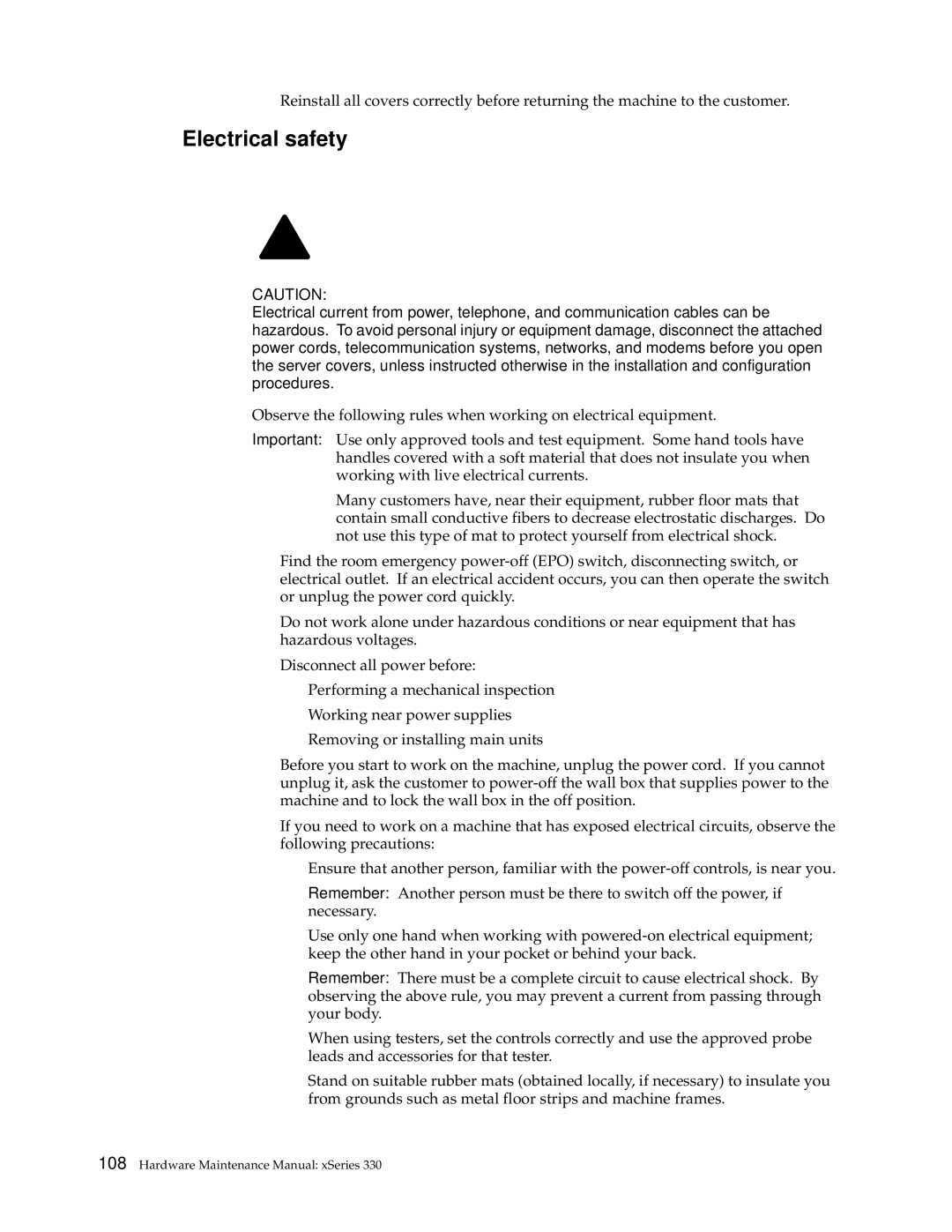 IBM xSeries 330 manual Electrical safety 