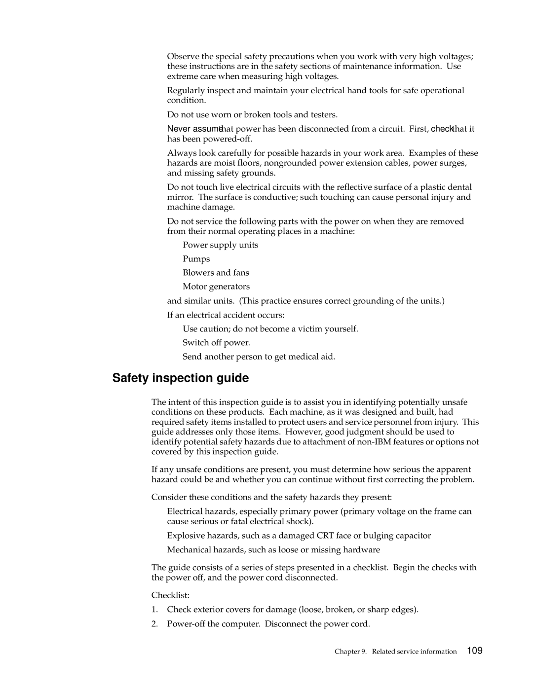 IBM xSeries 330 manual Safety inspection guide 