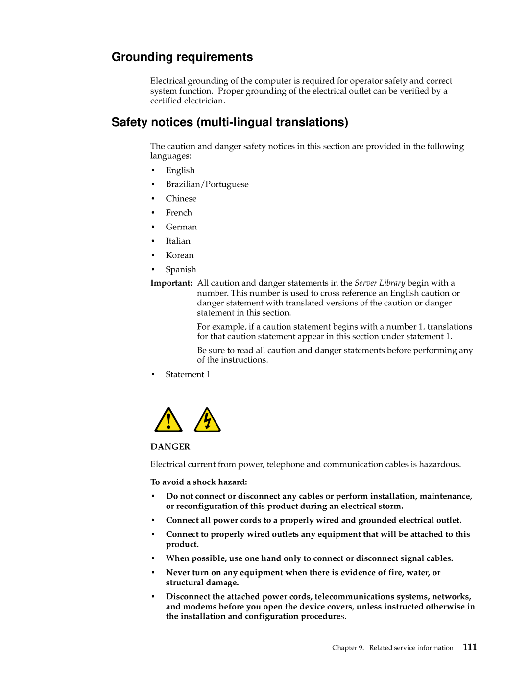 IBM xSeries 330 manual Grounding requirements, Safety notices multi-lingual translations 