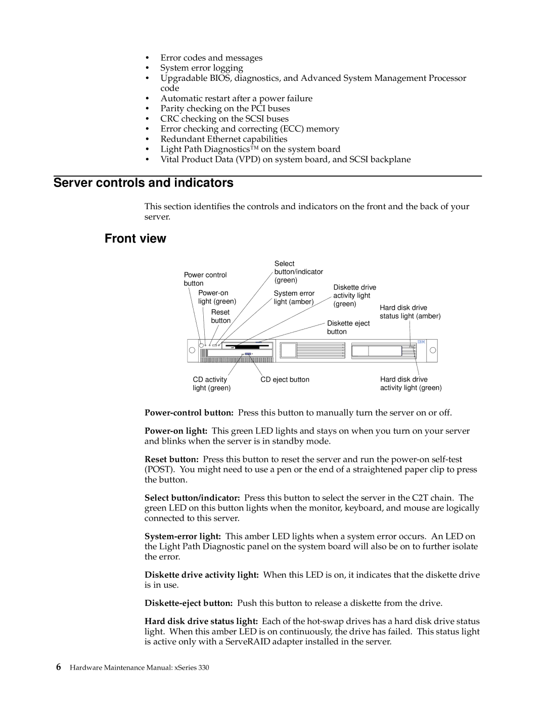 IBM xSeries 330 manual Server controls and indicators, Front view 