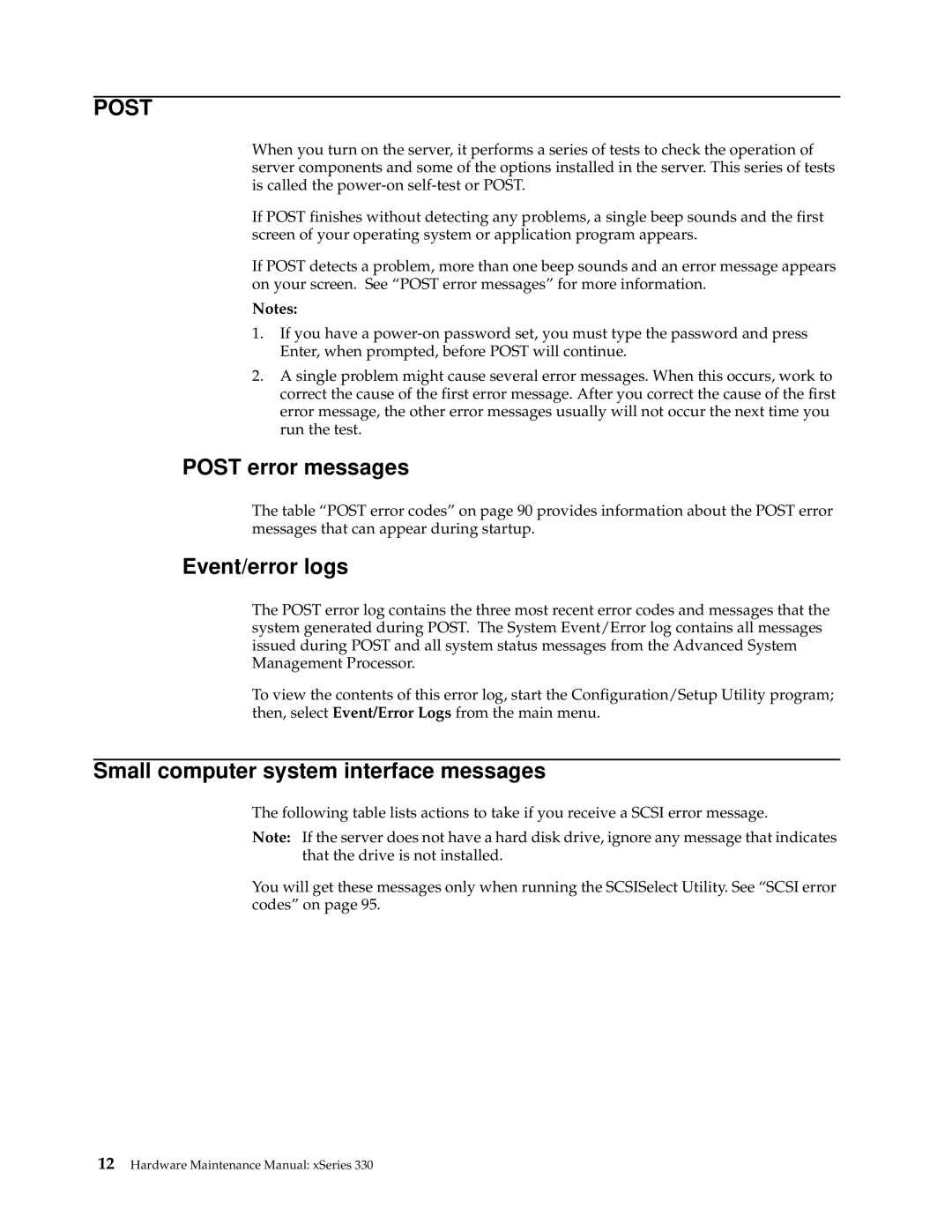 IBM xSeries 330 manual Post error messages, Event/error logs, Small computer system interface messages 