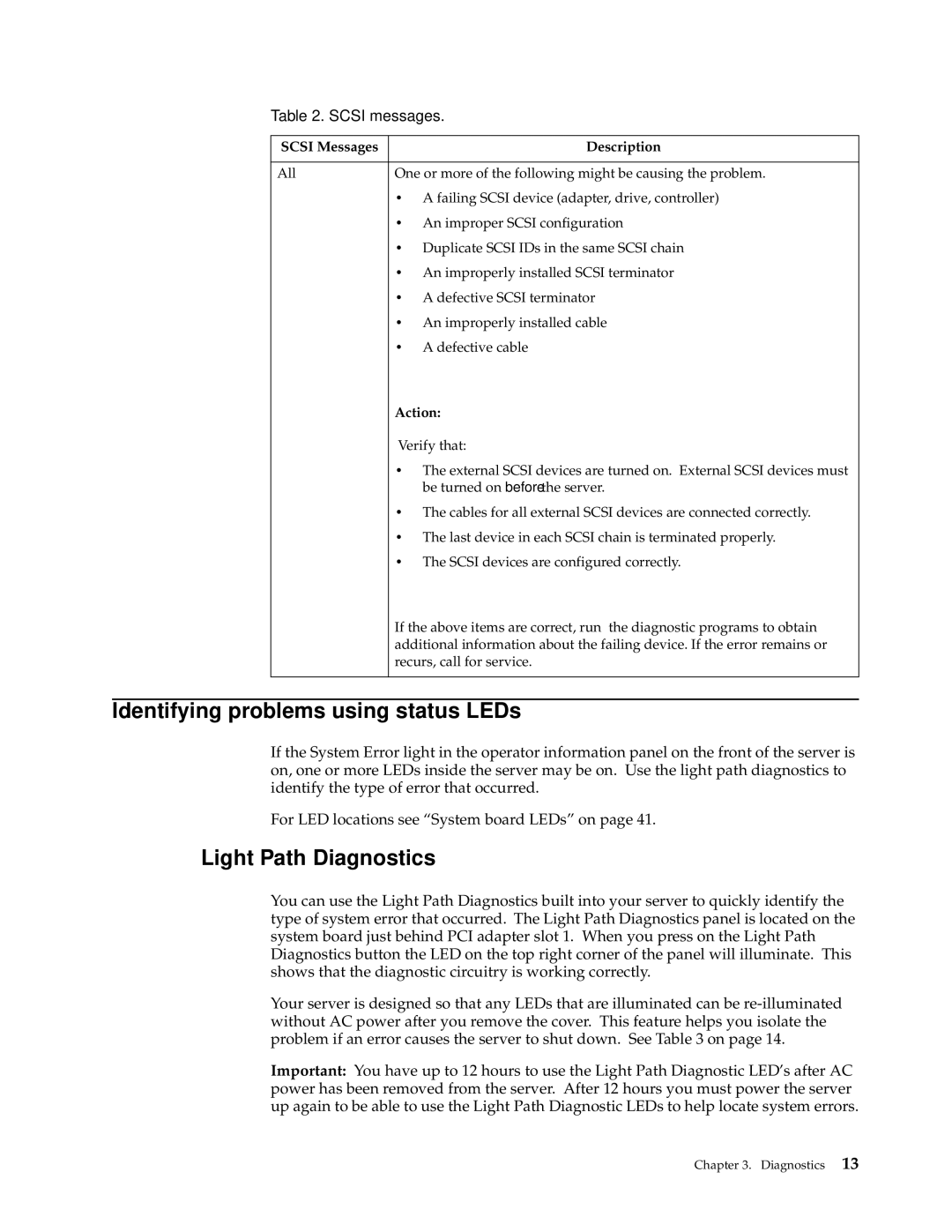 IBM xSeries 330 manual Identifying problems using status LEDs, Light Path Diagnostics, Scsi Messages Description, Action 