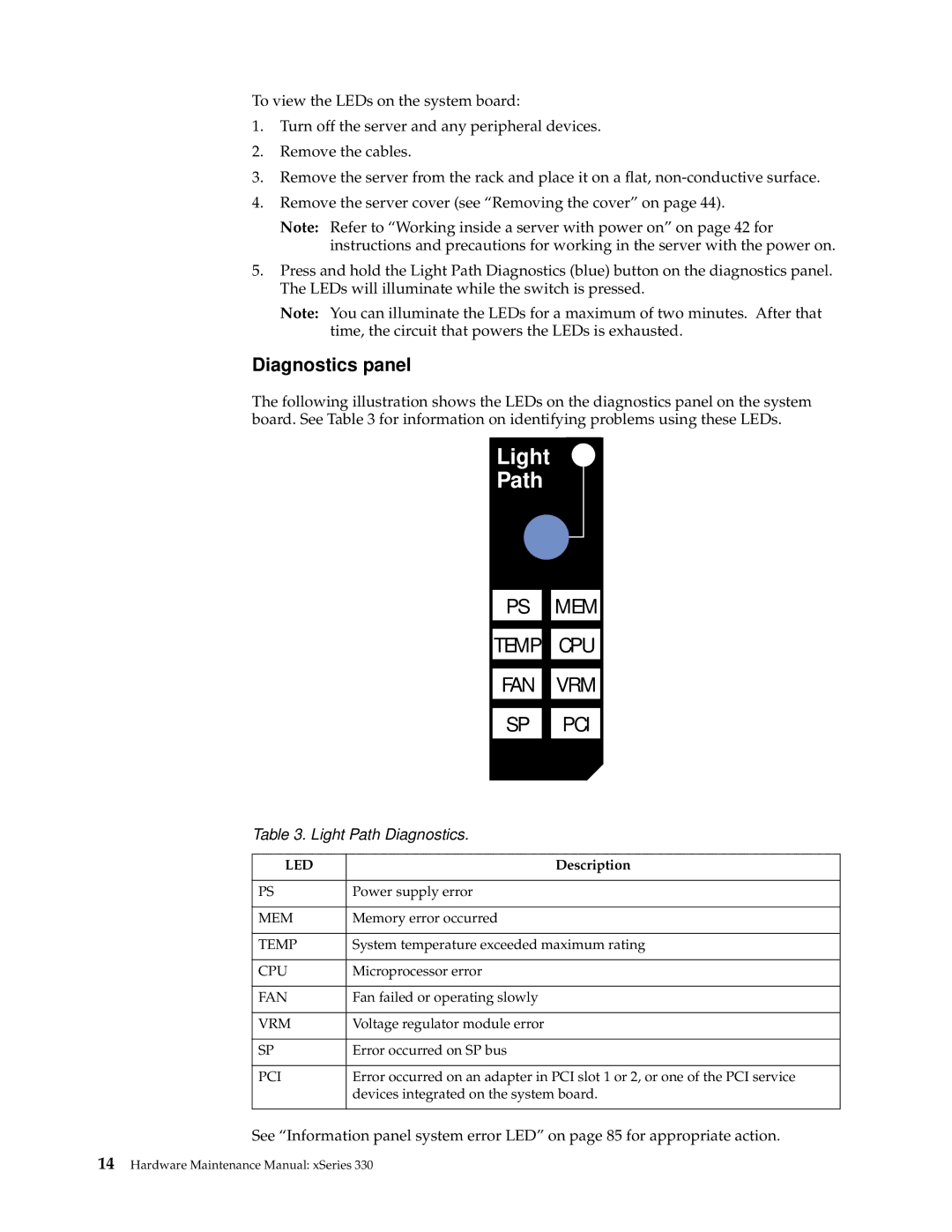 IBM xSeries 330 manual Light Path, Diagnostics panel 