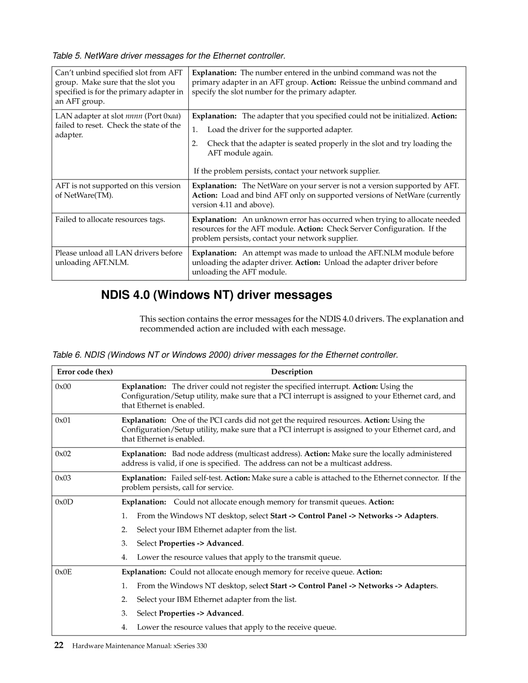 IBM xSeries 330 Ndis 4.0 Windows NT driver messages, Error code hex Description, Explanation, Select Properties Advanced 