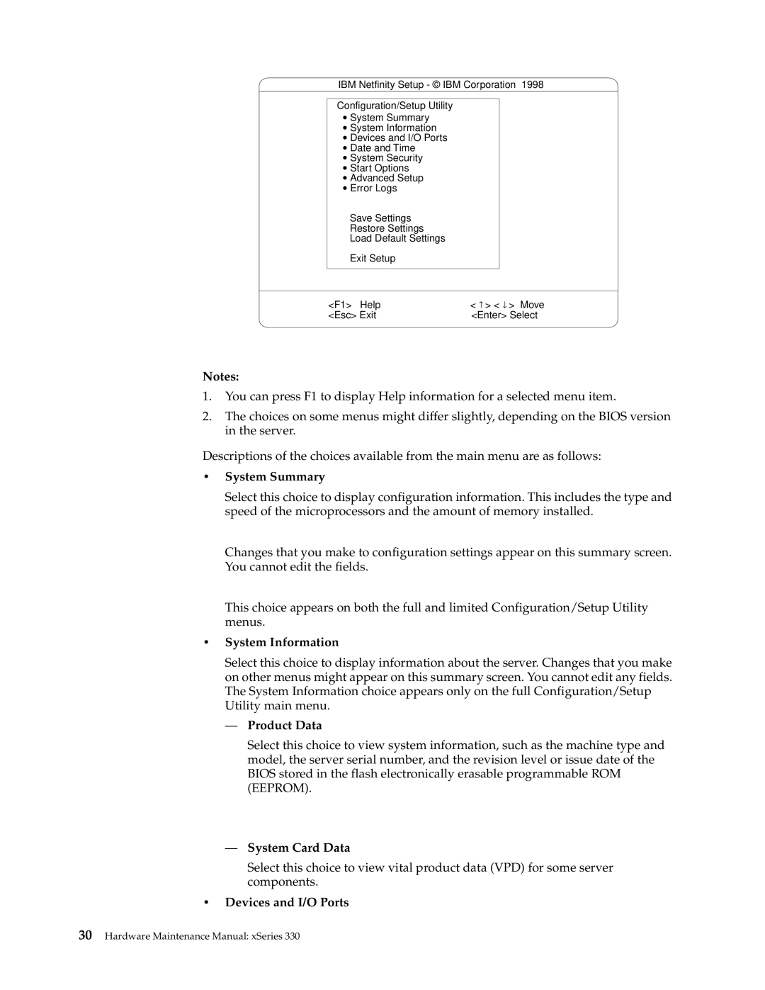 IBM xSeries 330 manual System Summary, System Information, Product Data, System Card Data, Devices and I/O Ports 