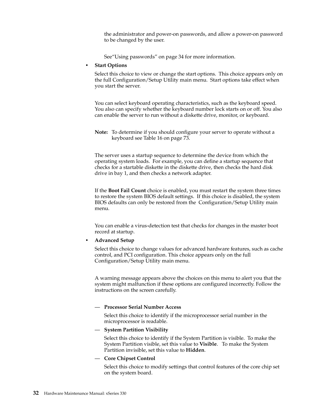IBM xSeries 330 manual Start Options, Advanced Setup, Processor Serial Number Access, System Partition Visibility 